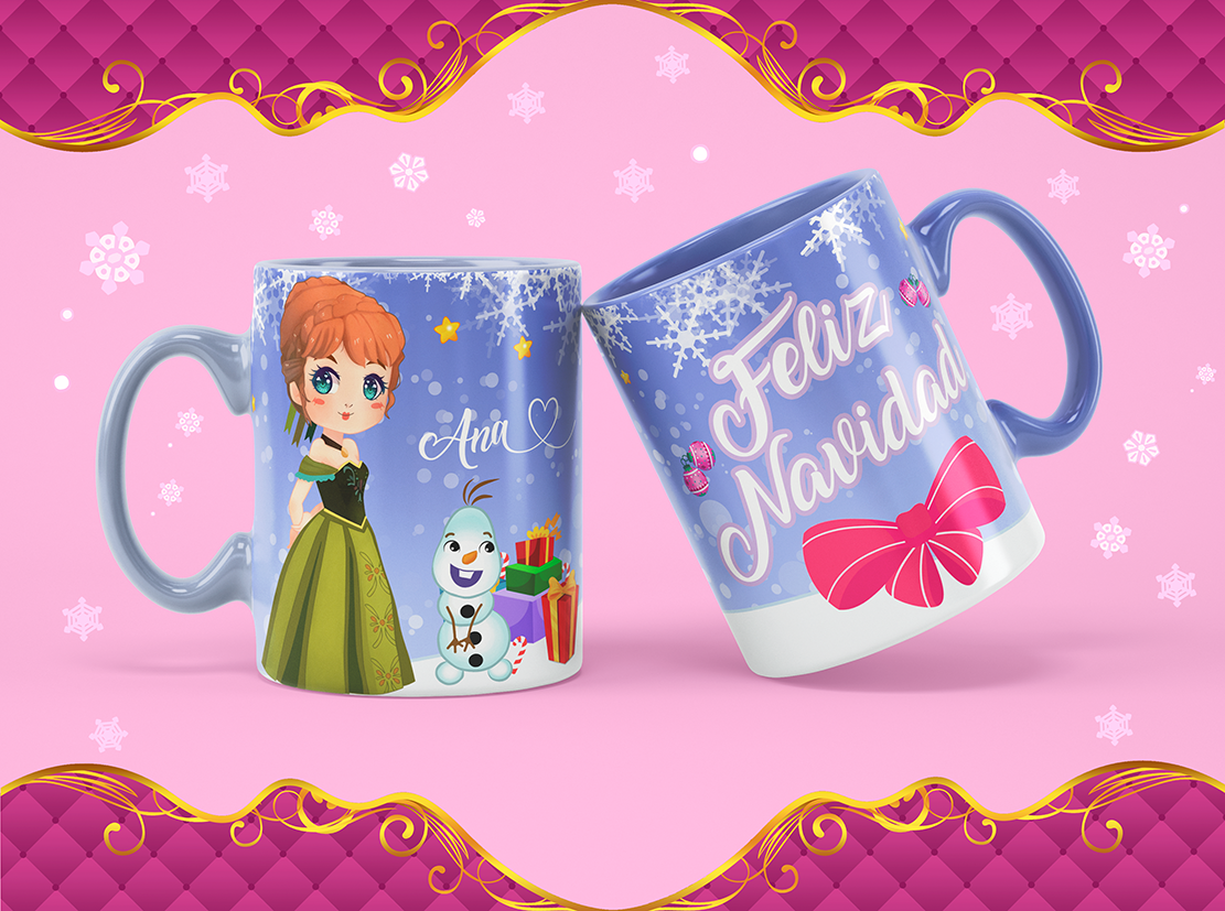 Anna with snowflakes, gifts, and Olaf.
