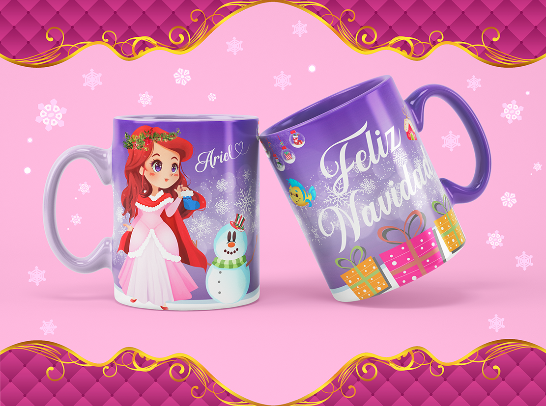 Ariel with presents on a purple Christmas mug.
