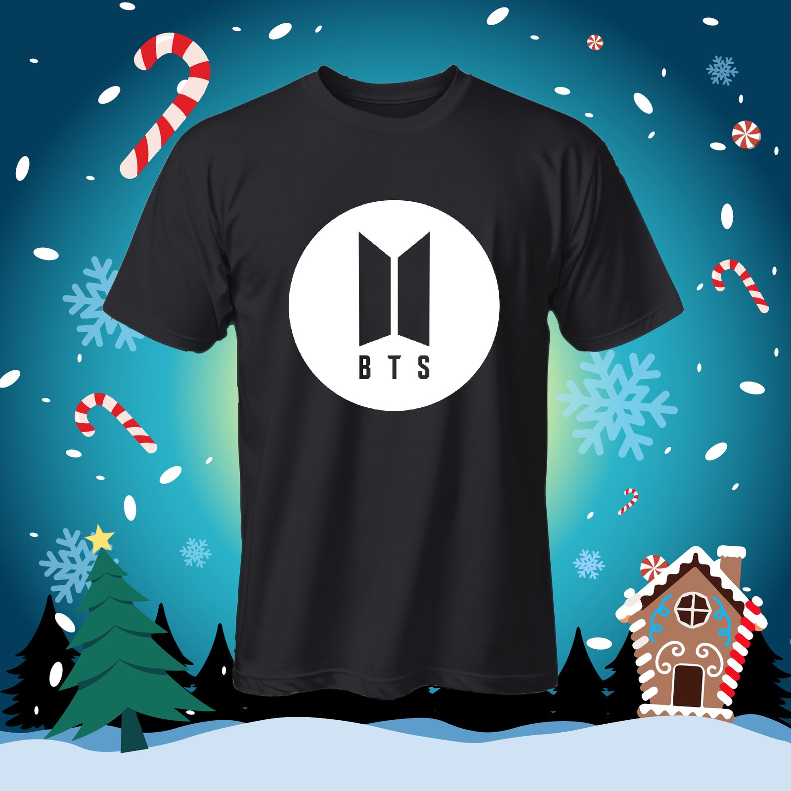 Black T-shirt with a BTS symbol inside a white circle