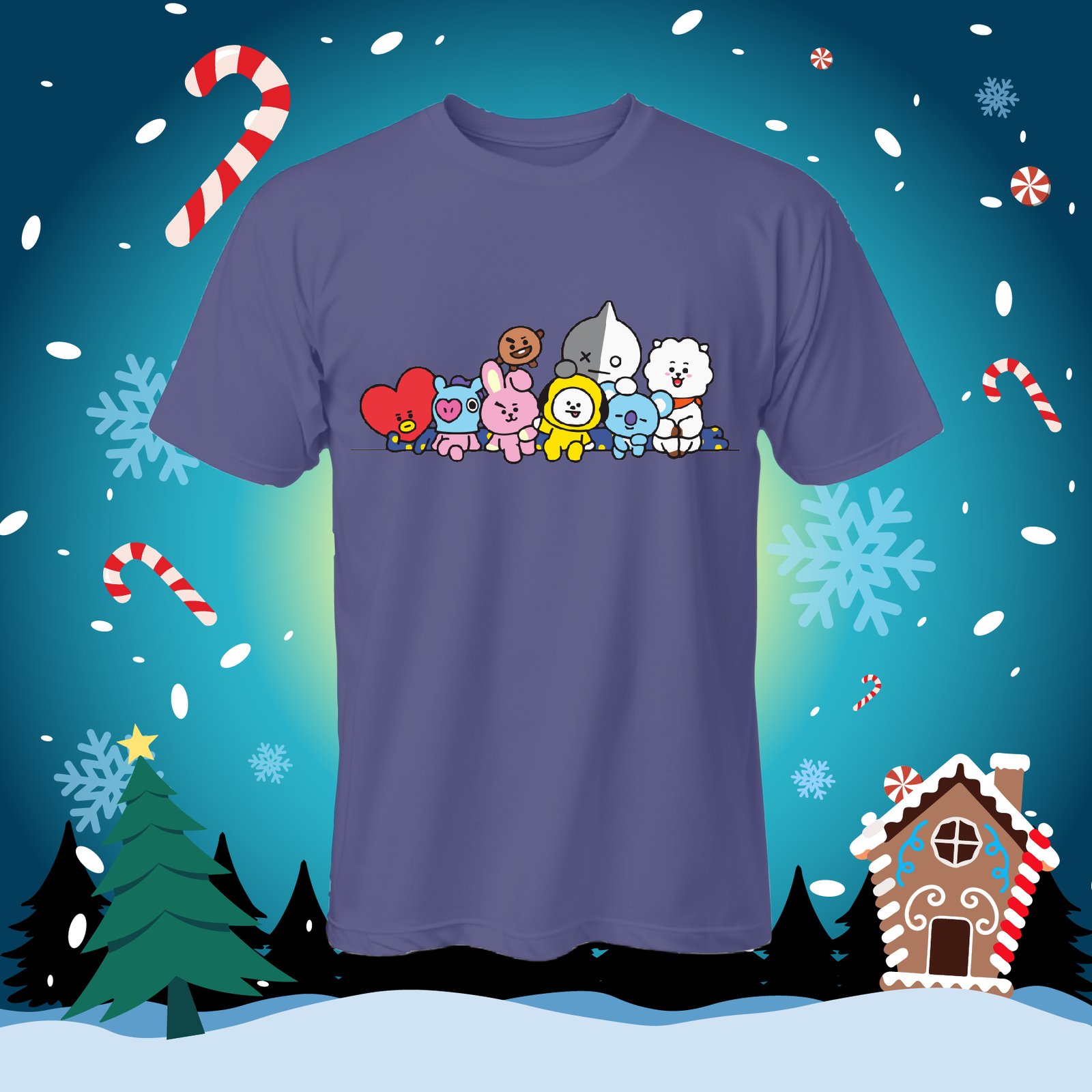 Purple T-shirt with colorful characters
