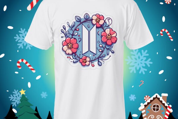 Camiseta blanca con símbolo BTS rodeado de flores rosas y hojas azules