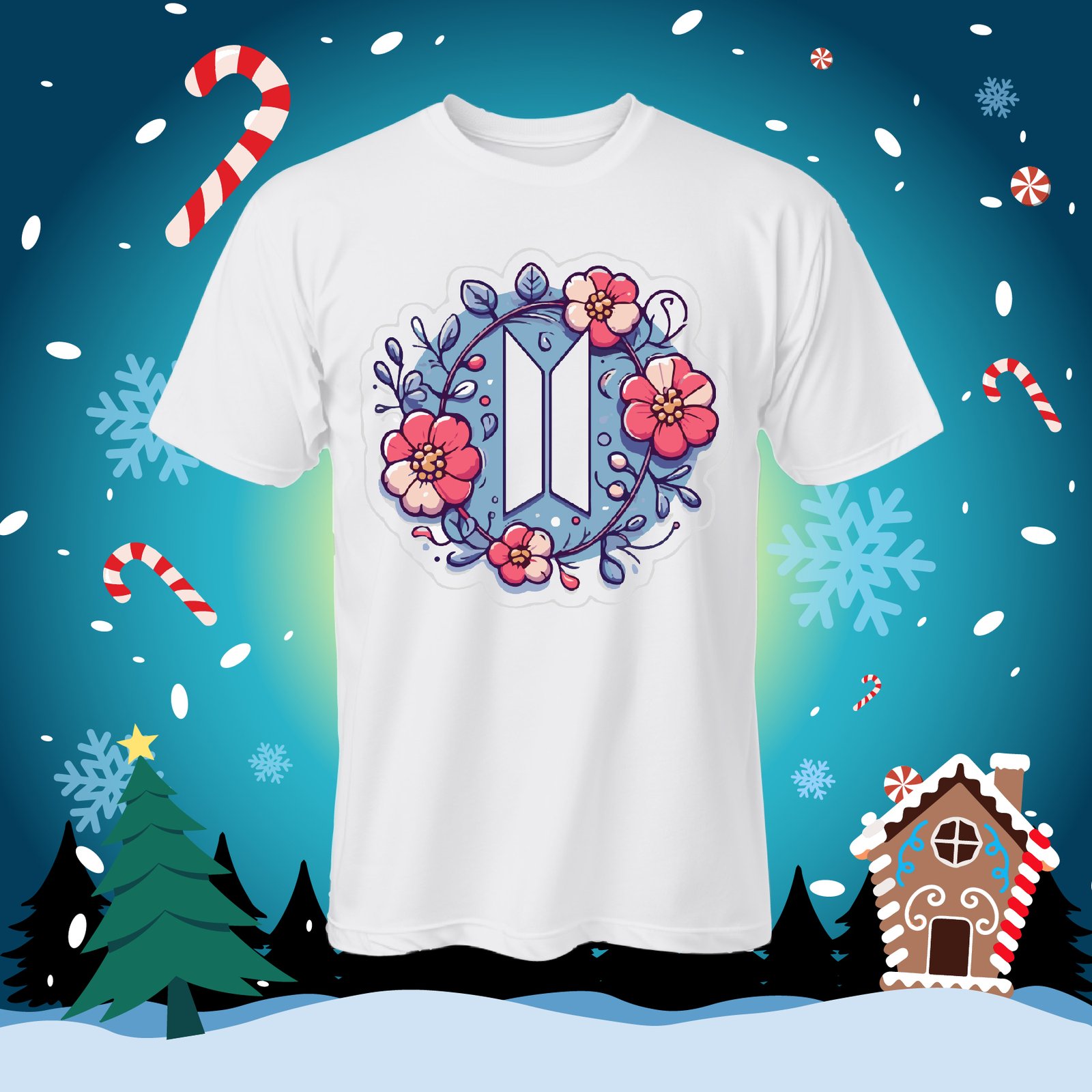 White T-shirt with a BTS symbol and flowers