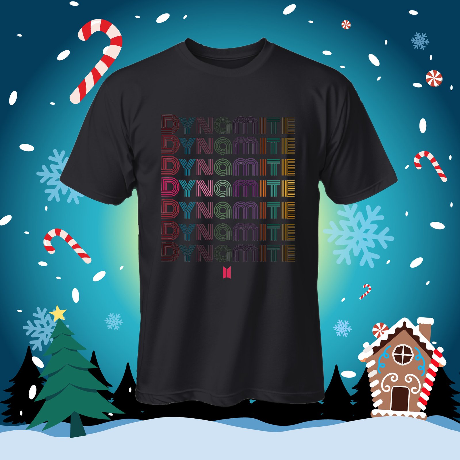 Black T-shirt with repeated Dynamite lettering and a pink symbol