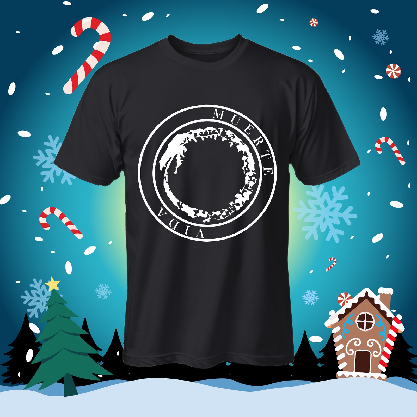 Camiseta negra con dibujo circular blanco y las palabras Vida y Muerte
