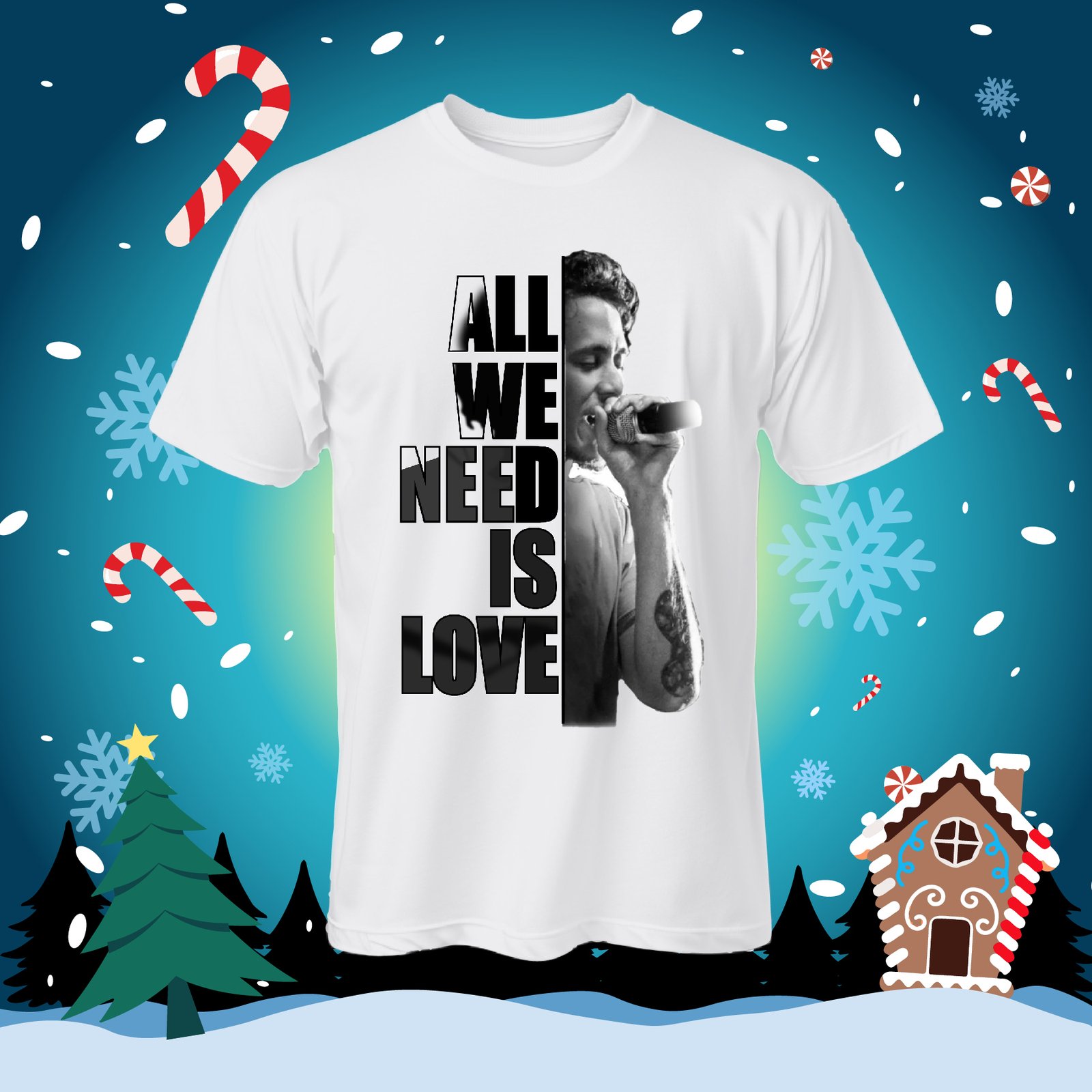 Camiseta blanca con retrato de Canserbero, micr&oacute;fono y letras negras