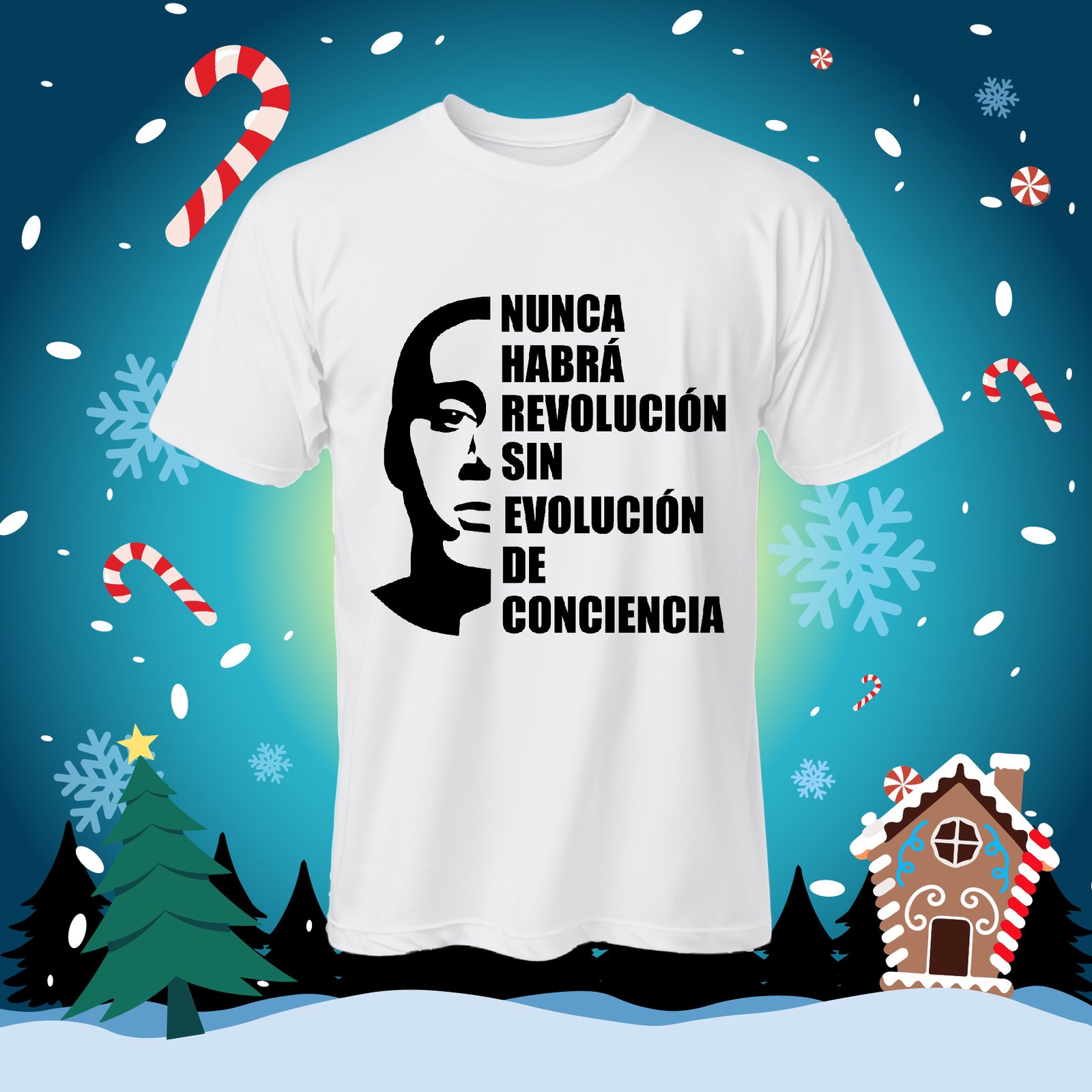 Camiseta blanca con medio rostro y texto en negro