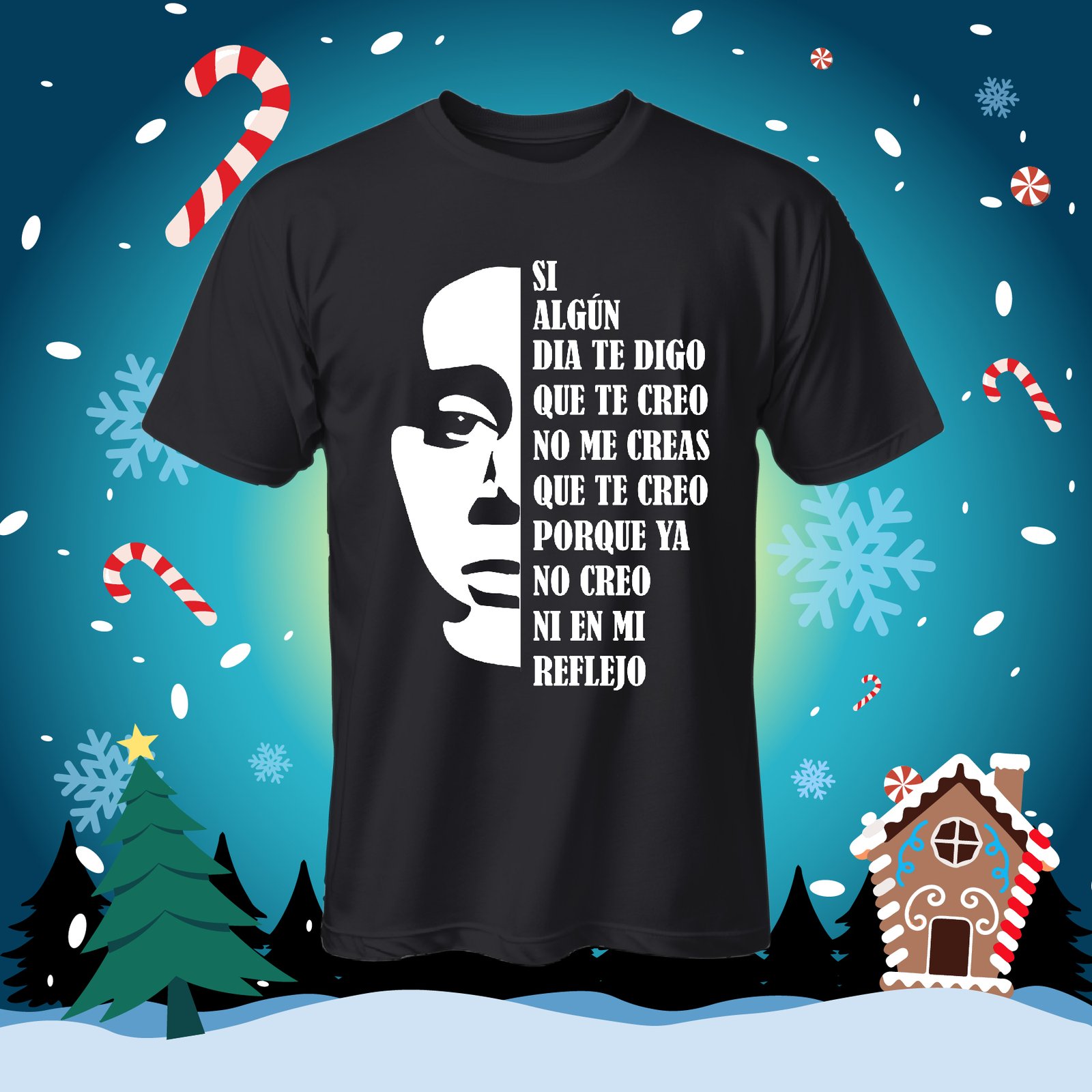 Camiseta negra con medio rostro blanco y texto a su lado