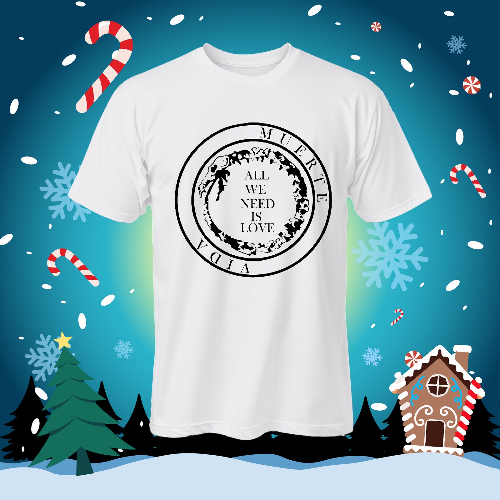 Camiseta blanca con dibujo circular negro y texto en el centro