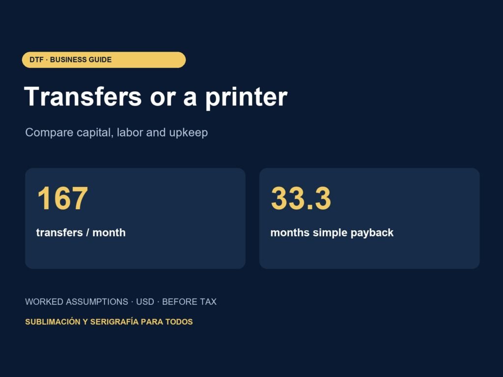 Buy DTF Transfers or a Printer? Compare Costs Before Investing — original infographic with labelled planning assumptions