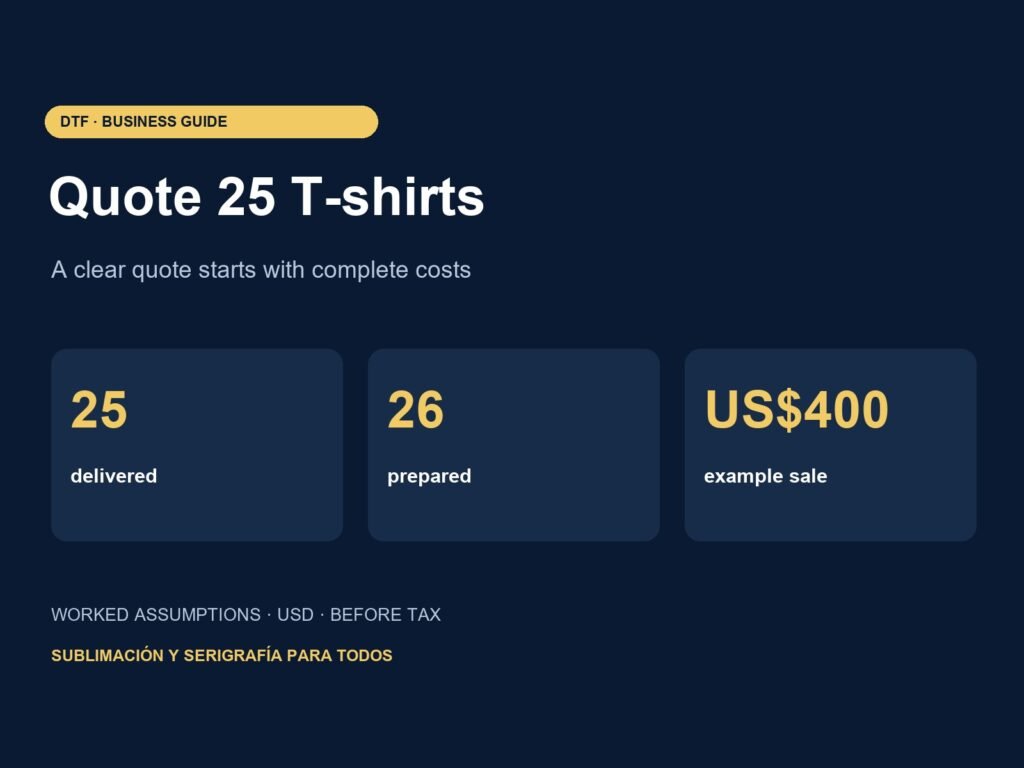 How to Quote 25 DTF T-Shirts: Labor, Spares and Payment Fees — original infographic with labelled planning assumptions