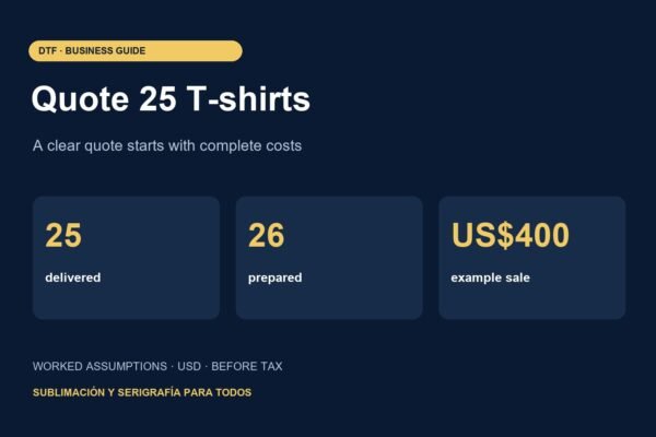 How to Quote 25 DTF T-Shirts: Labor, Spares and Payment Fees — original infographic with labelled planning assumptions