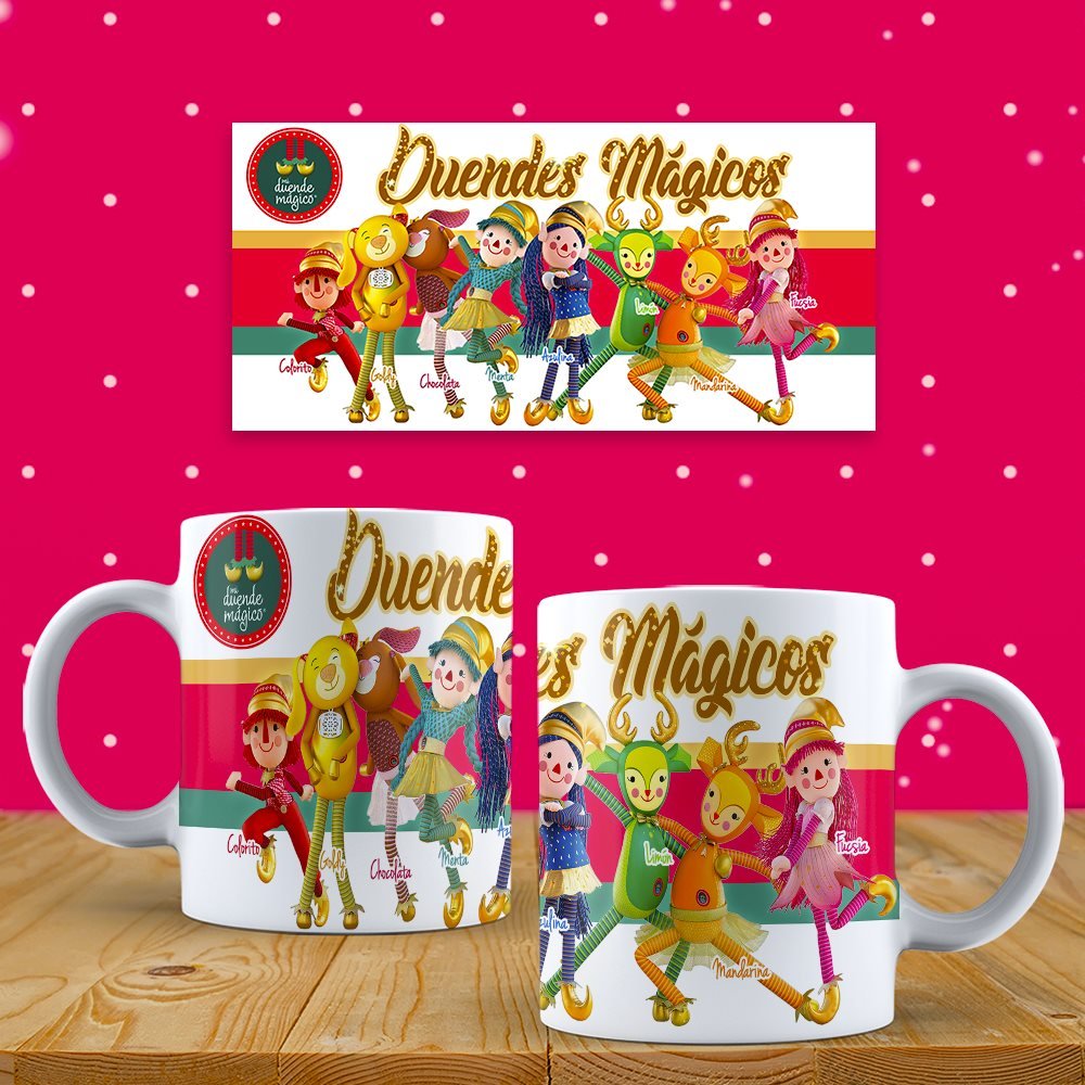 Composición de duendes para tazas con fondo claro.