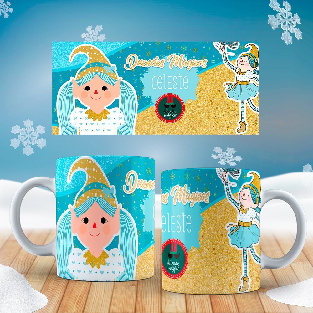 Duende con gorro turquesa en una taza navideña.