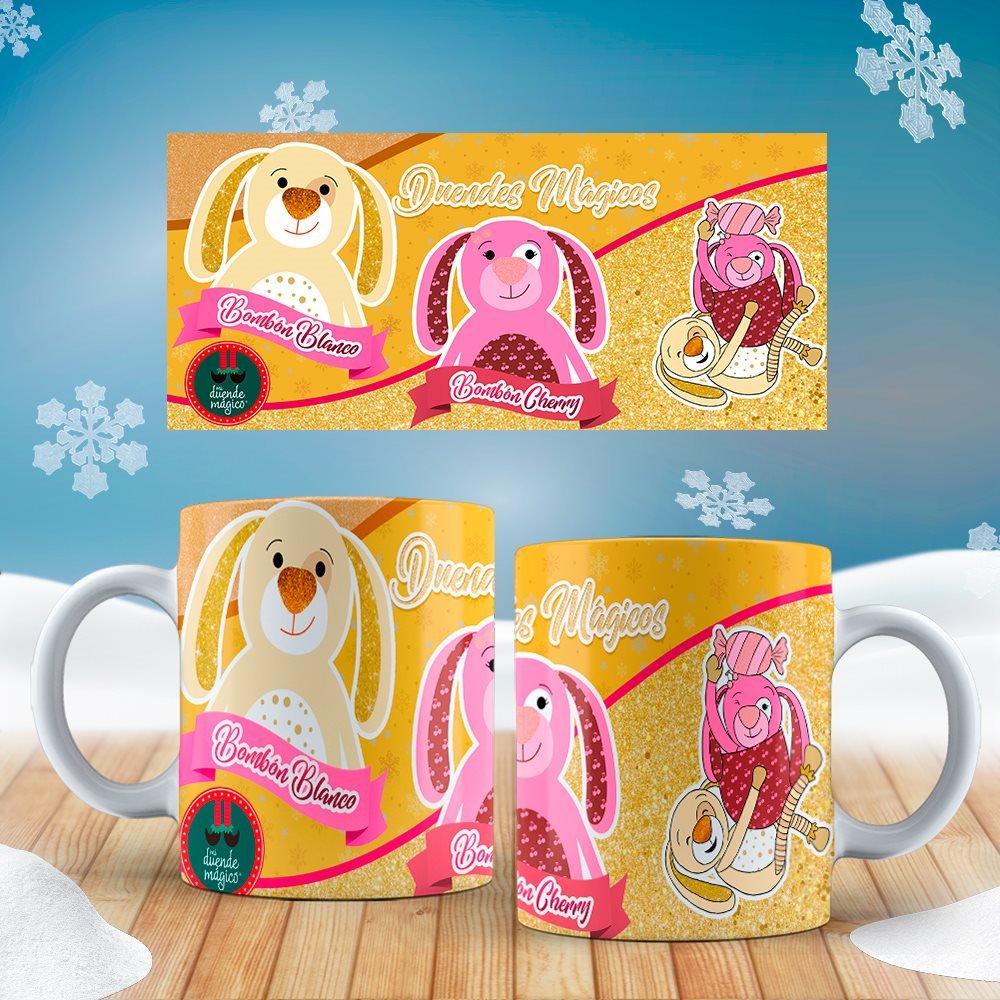Personajes rosa y amarillo en tazas navideñas.