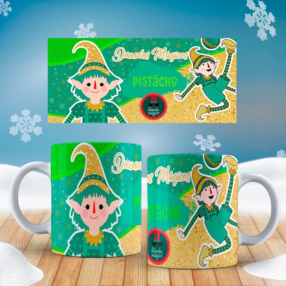 Duende verde en una taza navideña.