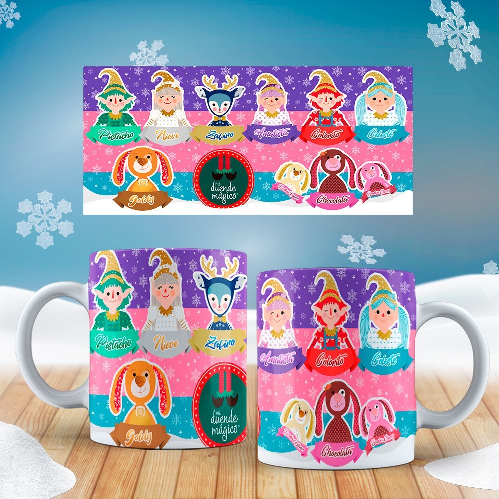 Grupo de duendes sobre franjas de colores.