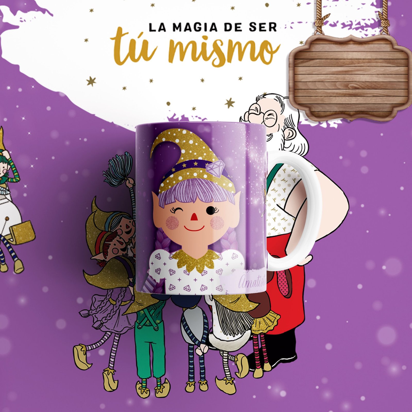 Propuesta de taza y camiseta en tonos violetas.