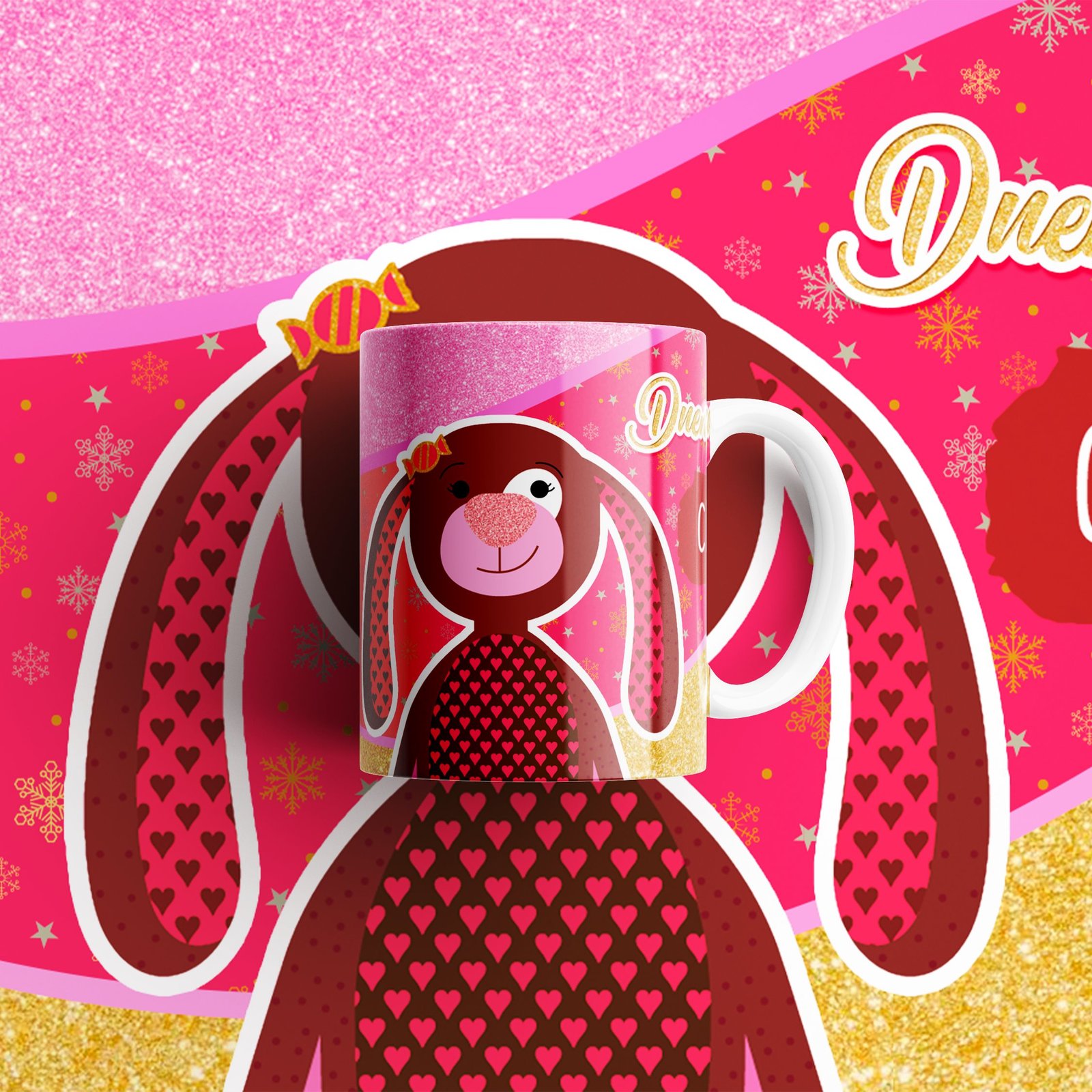Vista alternativa de taza con personaje rosa.