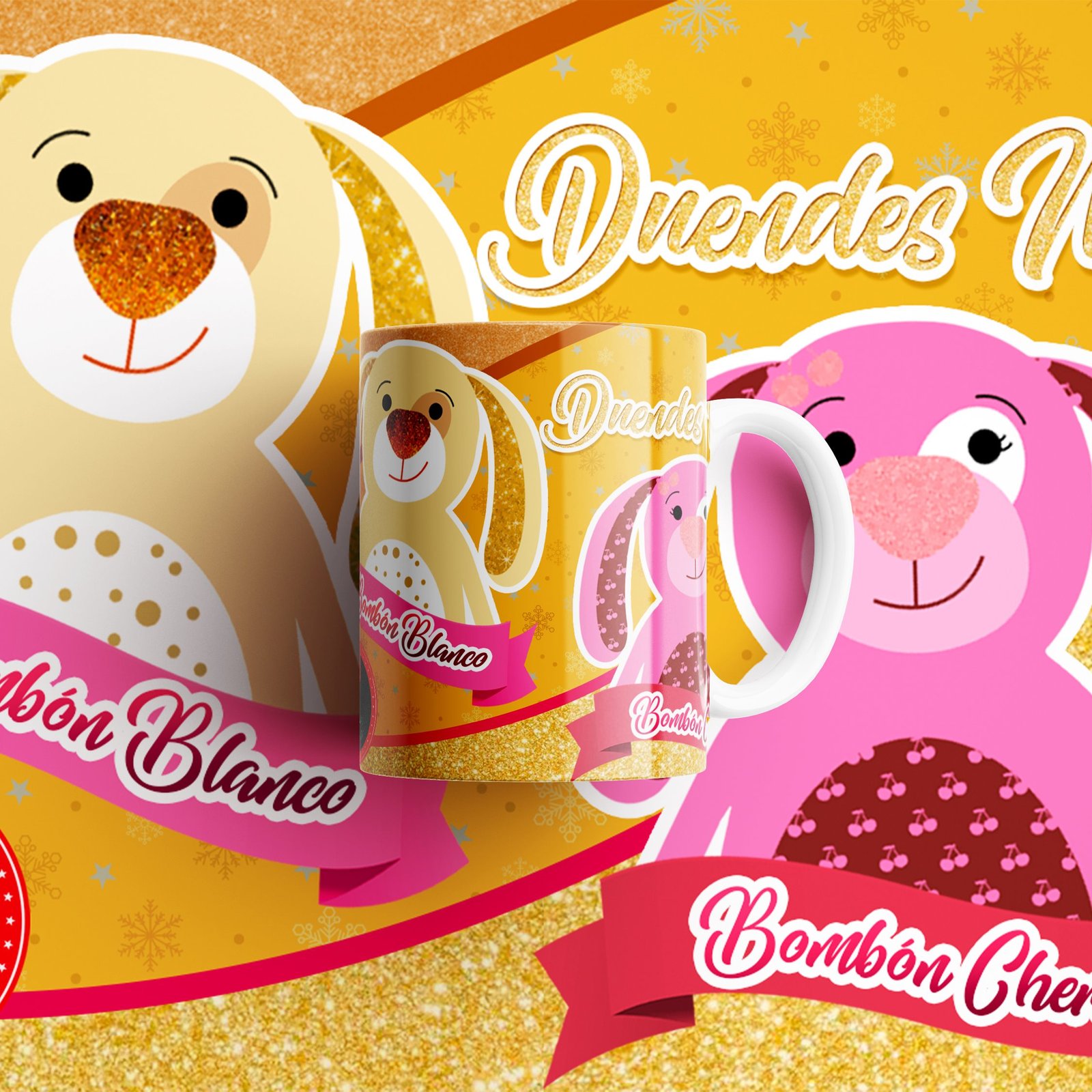 Vista alternativa de tazas con personajes rosa y amarillo.