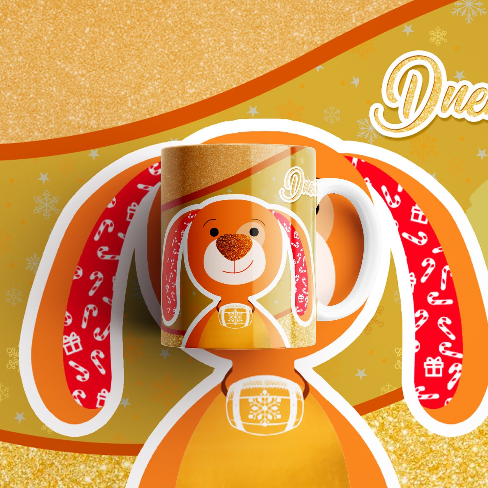 Vista alternativa de taza con personaje anaranjado.