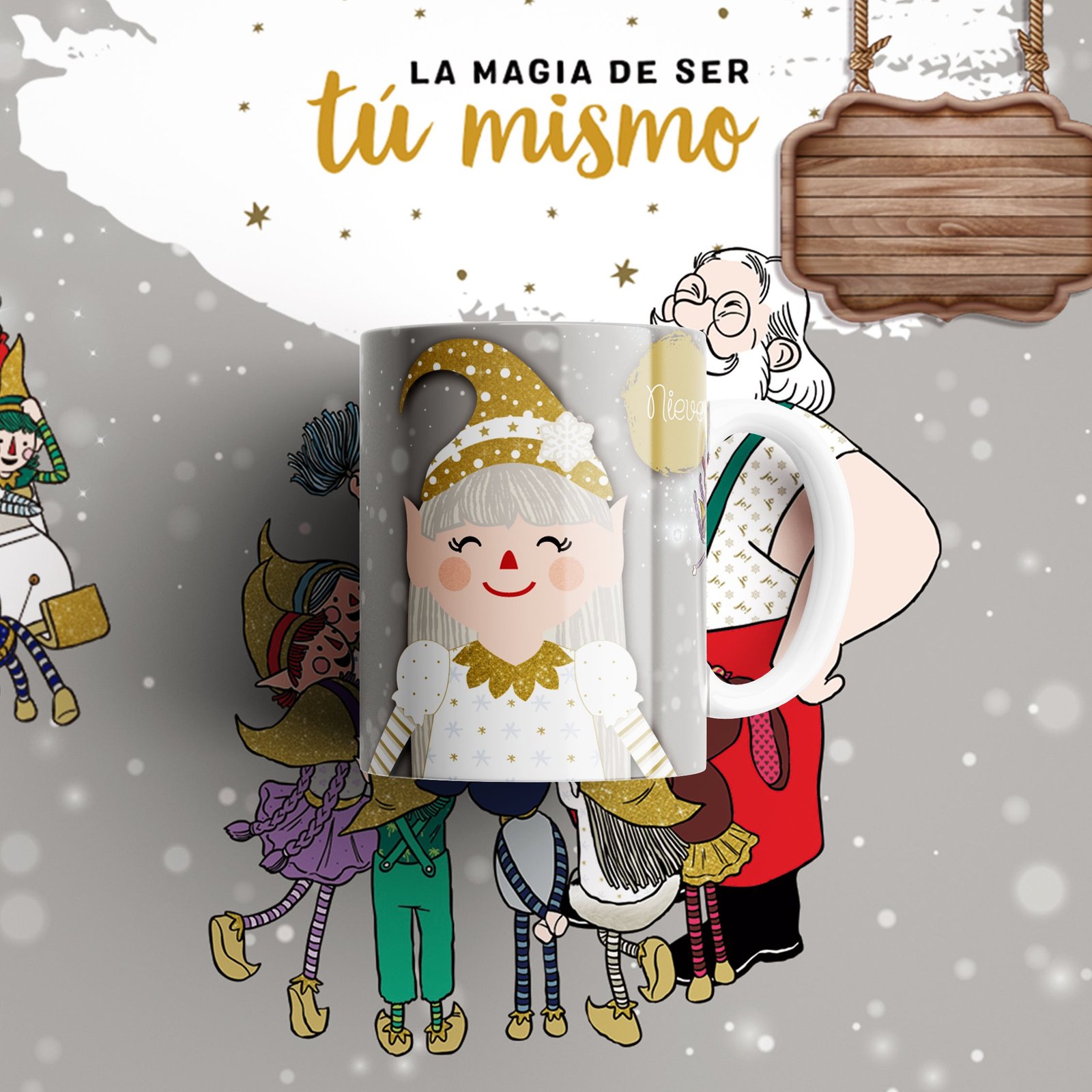 Propuesta de taza y camiseta con duende de gorro dorado.