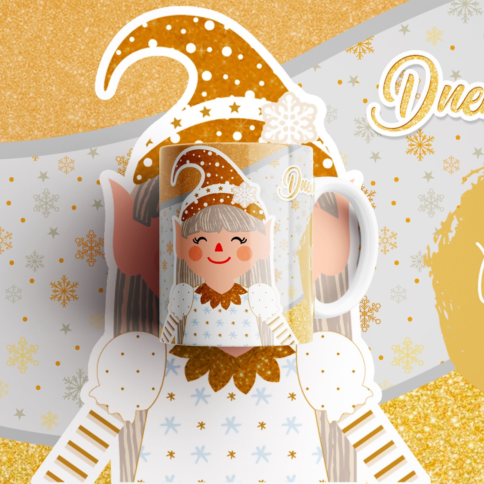 Vista alternativa de taza con duende de gorro dorado.
