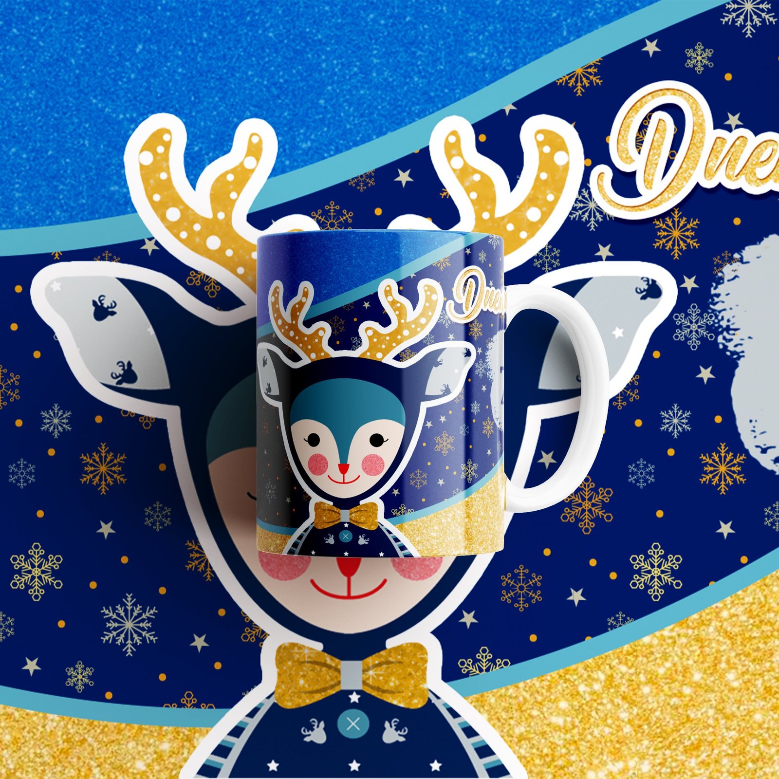 Vista alternativa de taza con personaje azul y cuernos.