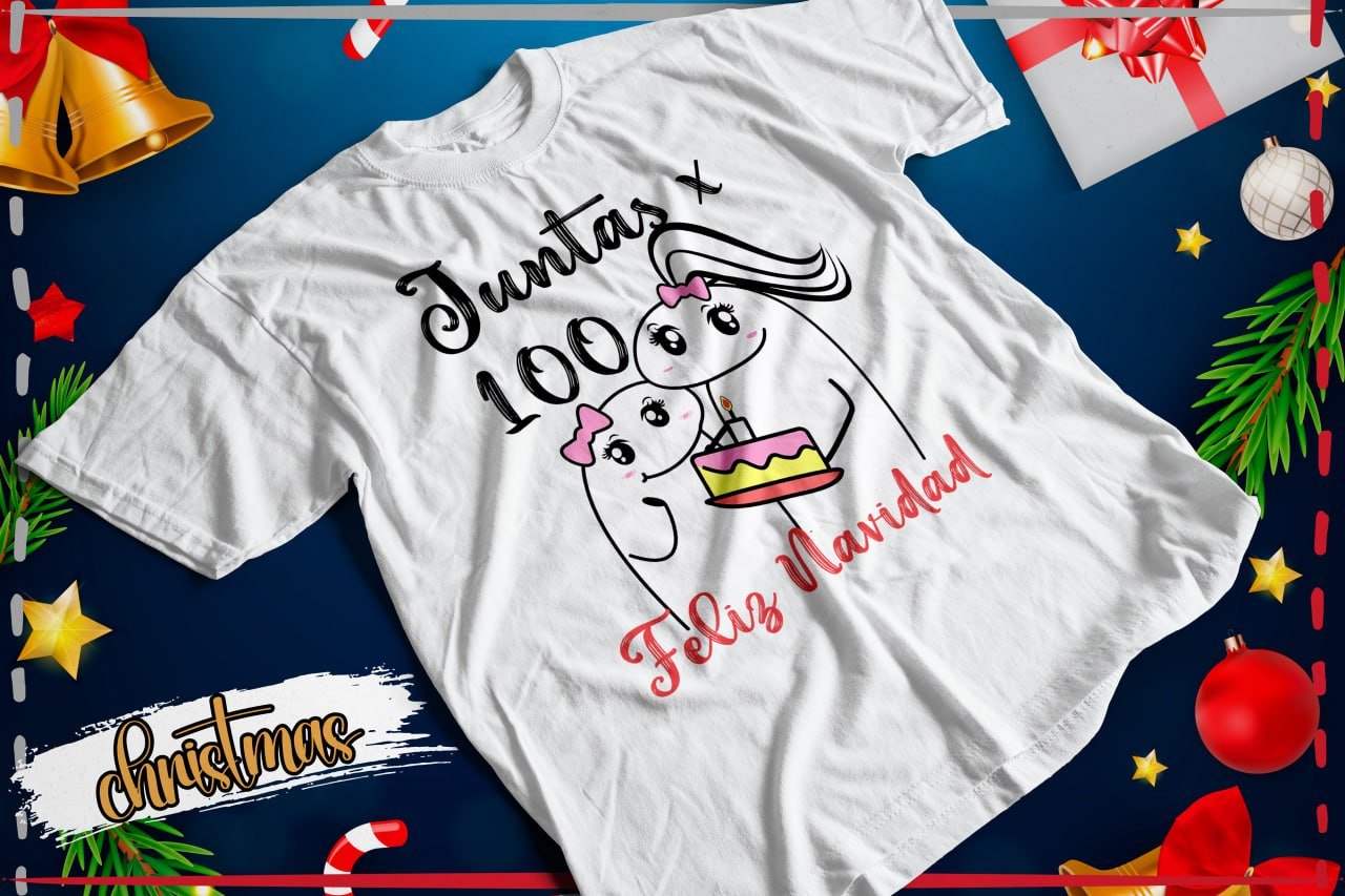 Dos personajes Flork con el mensaje Juntos 100 y Feliz Navidad.