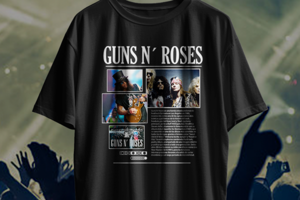 Camiseta negra de Guns N’ Roses con varias fotos, guitarra y letras blancas / Black Guns N’ Roses T-shirt with a photo collage, guitar and white lettering