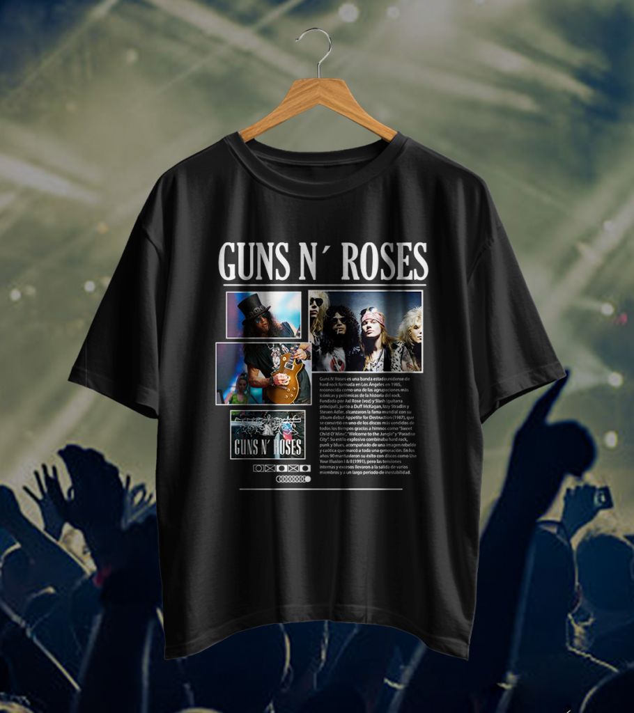 Camiseta negra de Guns N’ Roses con varias fotos, guitarra y letras blancas / Black Guns N’ Roses T-shirt with a photo collage, guitar and white lettering