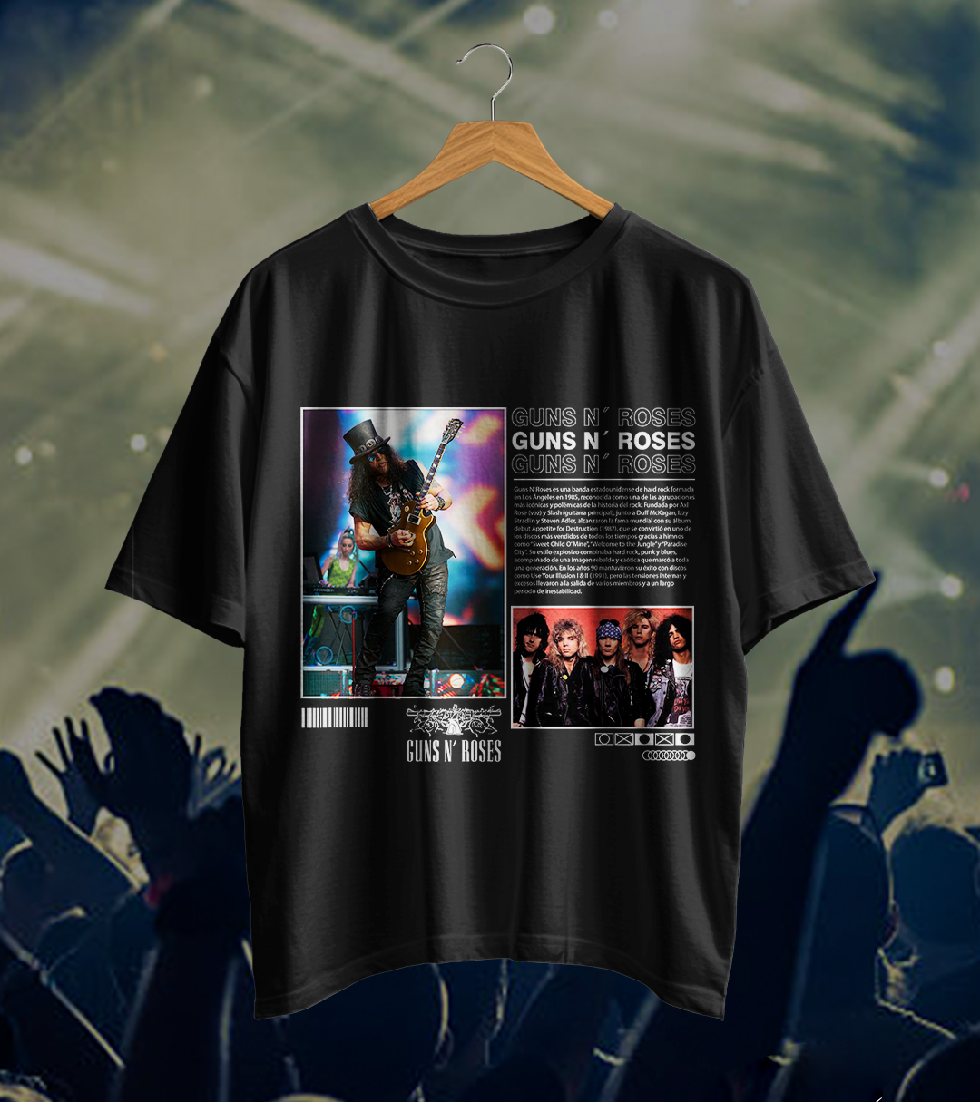 Camiseta negra con guitarrista de sombrero, foto de grupo y letras