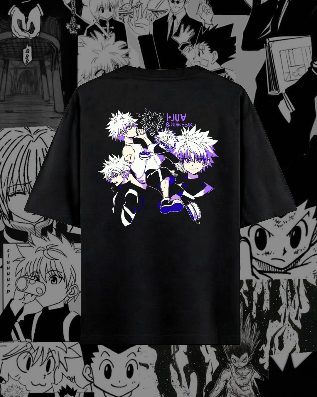 Gon y Killua en una composición sobre camiseta negra.