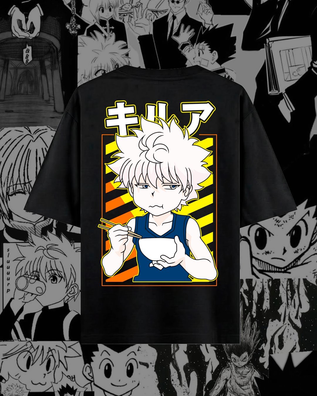 Killua con panel amarillo y tipografía.