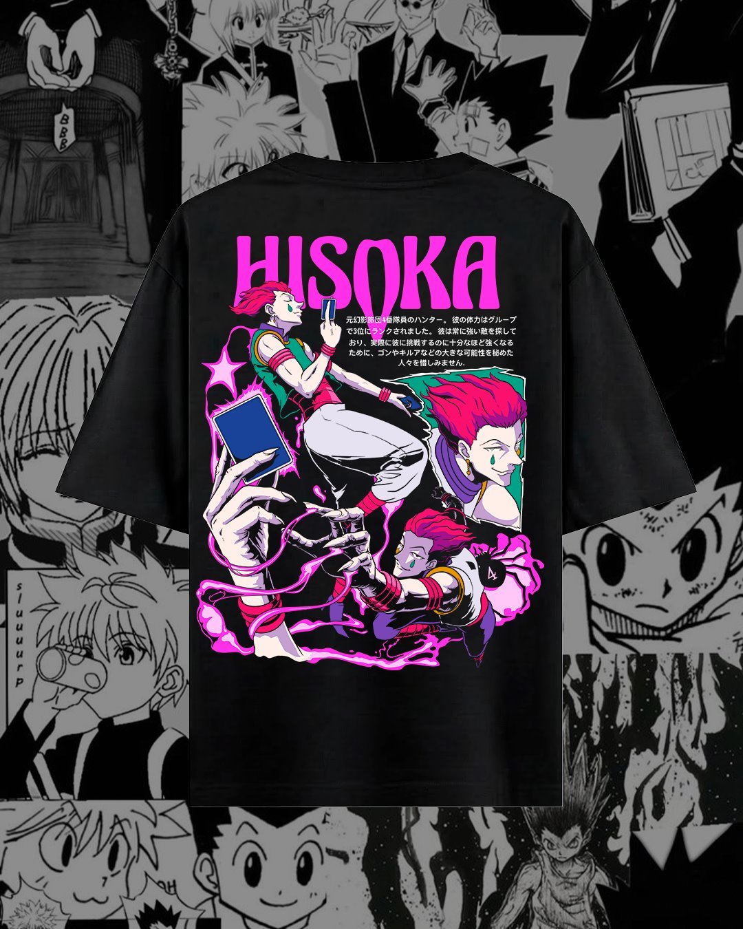 Hisoka con detalles magenta sobre camiseta negra.