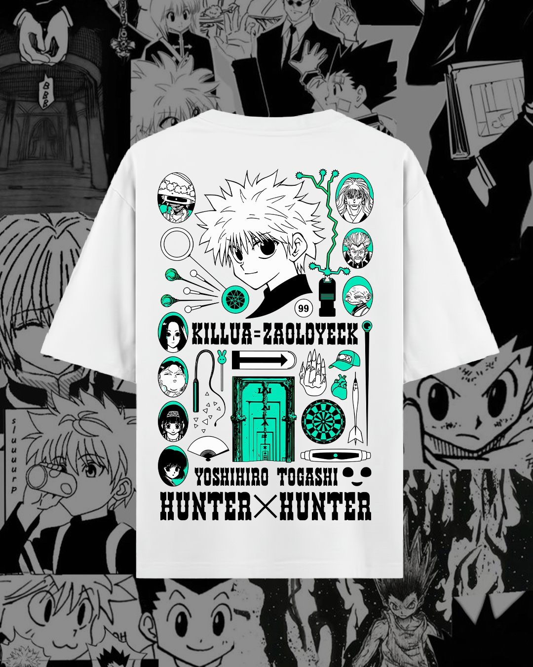 Composición de Hunter x Hunter en verde sobre camiseta blanca.