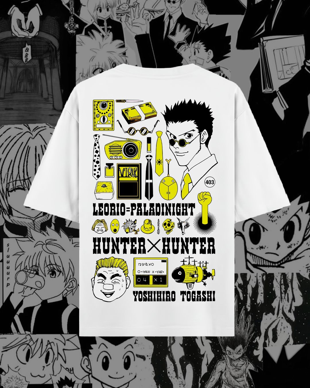 Composición de anime en amarillo sobre camiseta blanca.