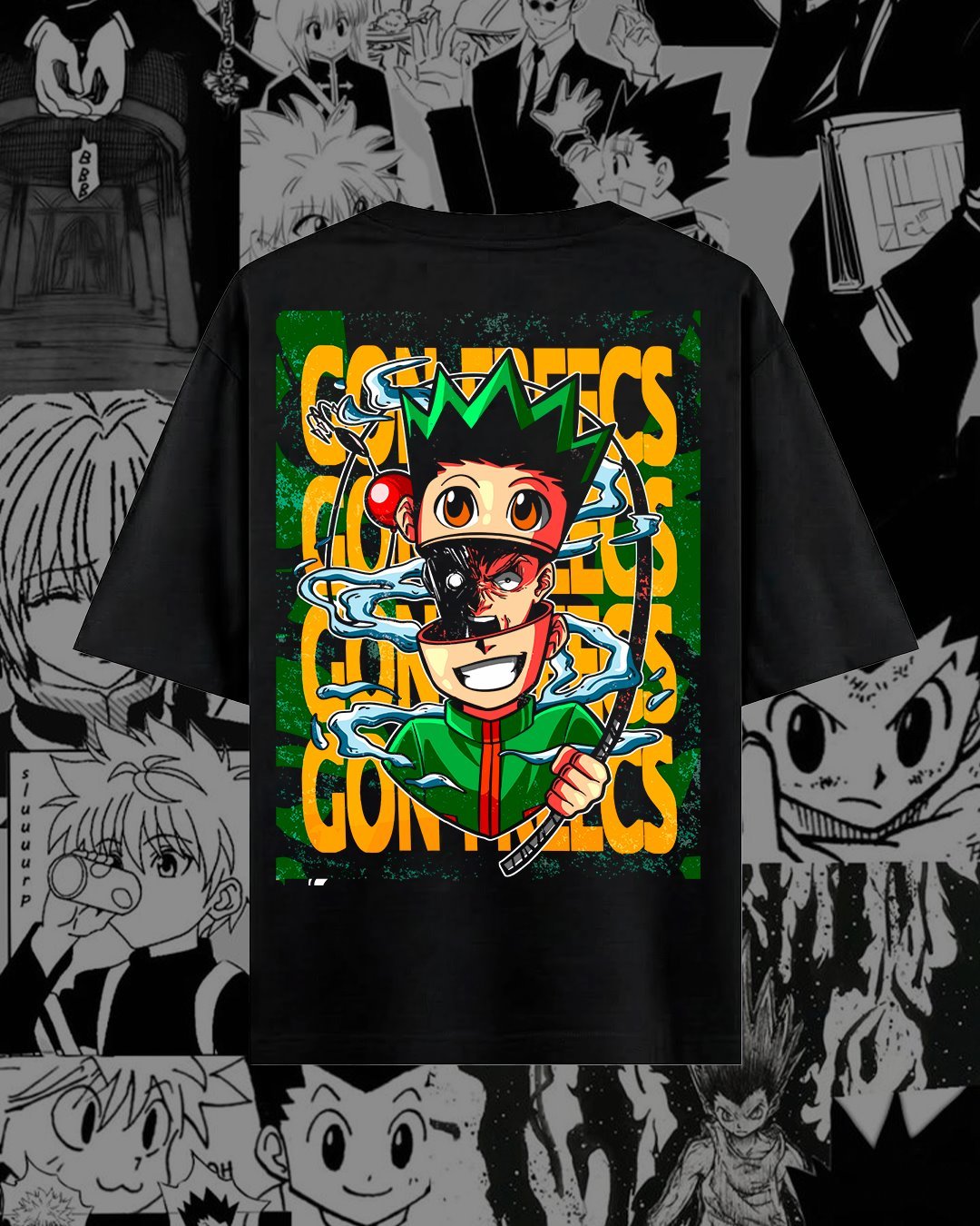 Gon en estilo chibi con detalles verdes.