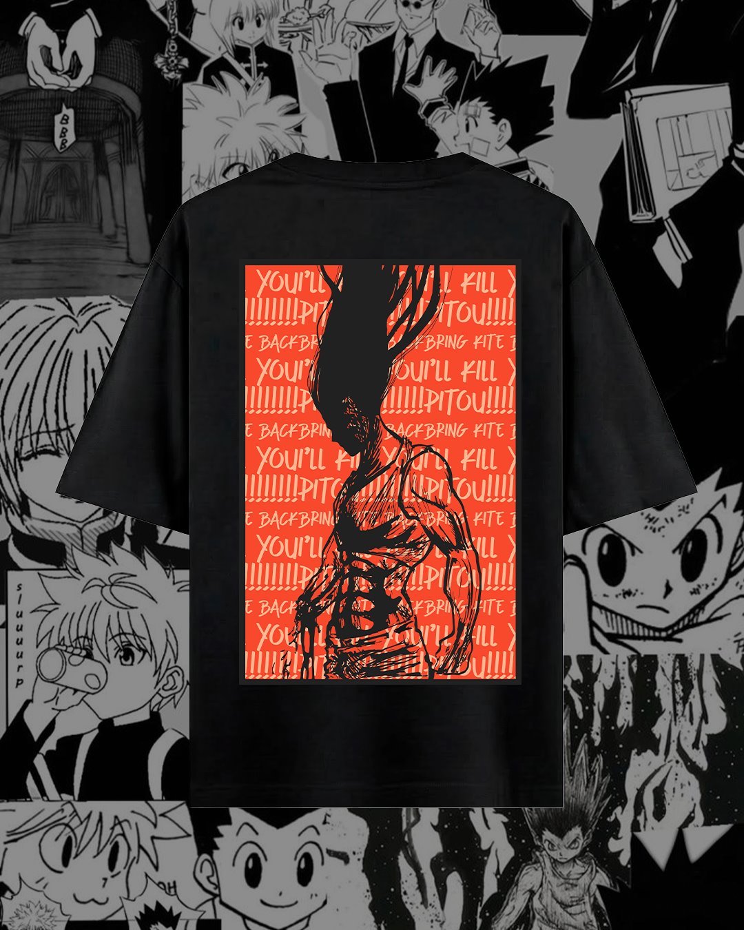 Diseño vertical rojo y negro sobre camiseta.