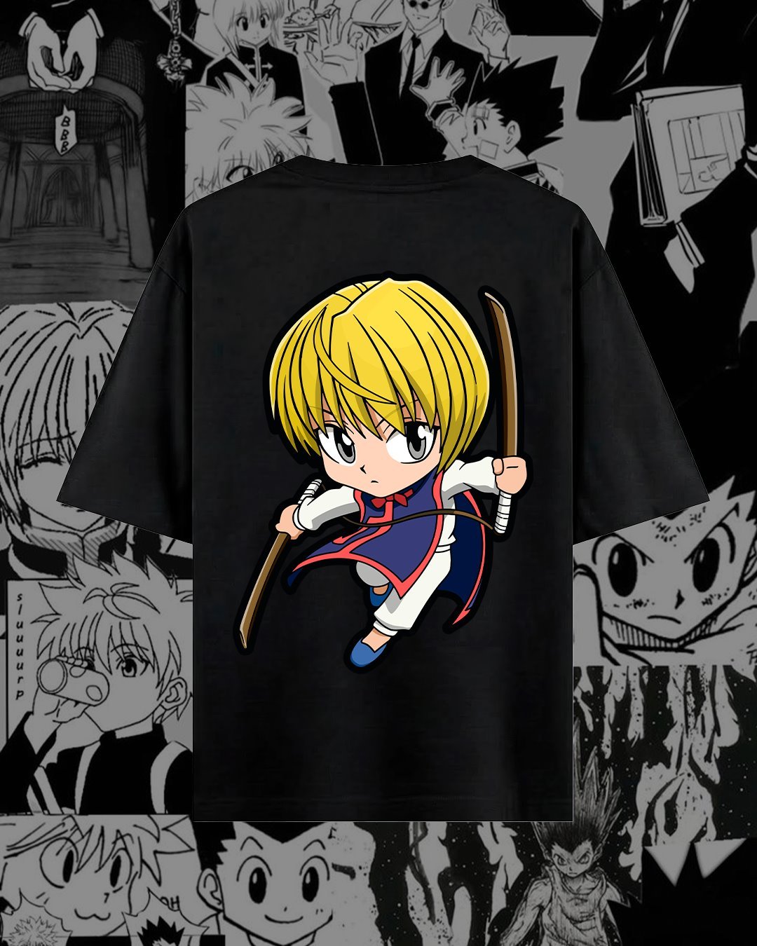 Kurapika en versión chibi sobre camiseta negra.