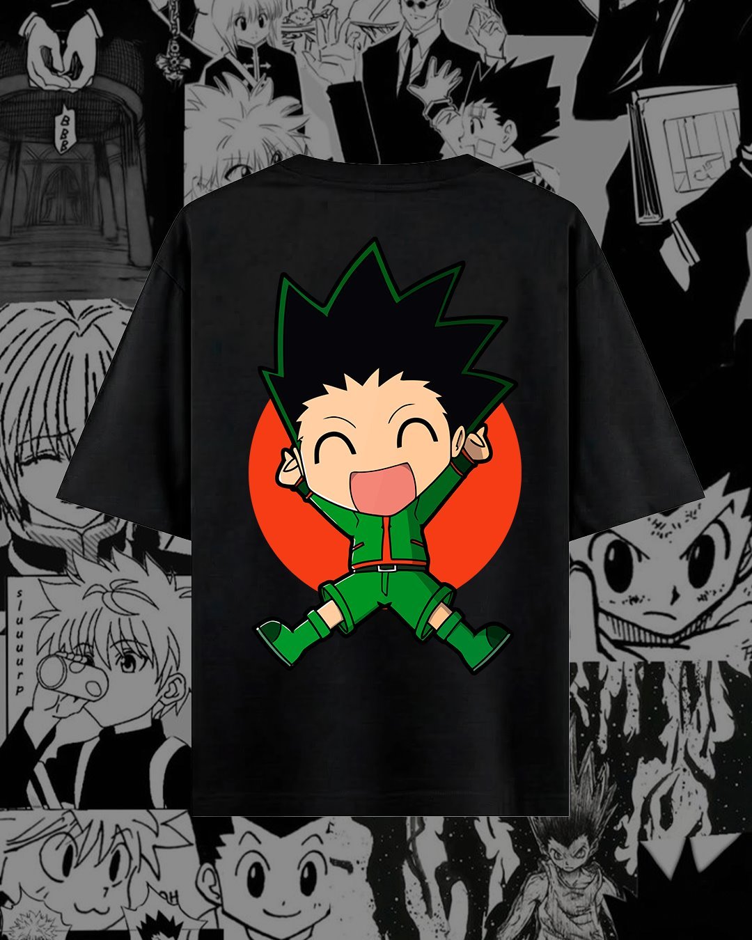 Gon chibi con traje verde y puños junto al rostro.