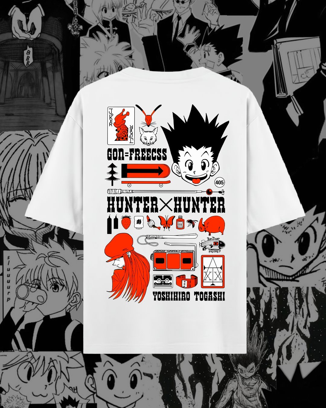 Composición de Gon con letras rojas sobre camiseta blanca.
