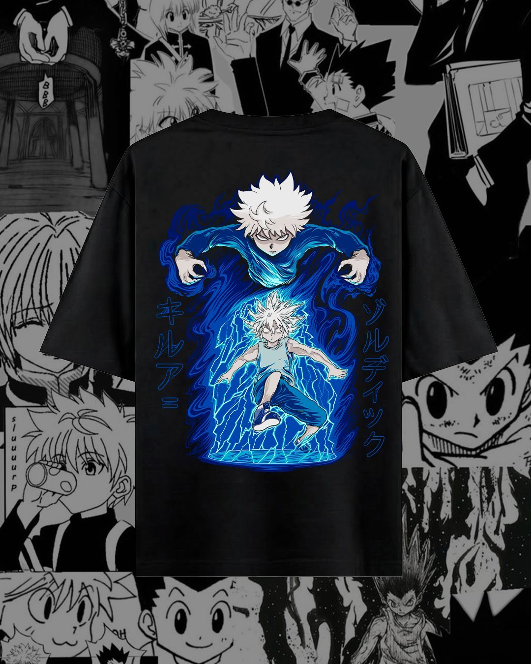Killua con efectos azules sobre camiseta negra.