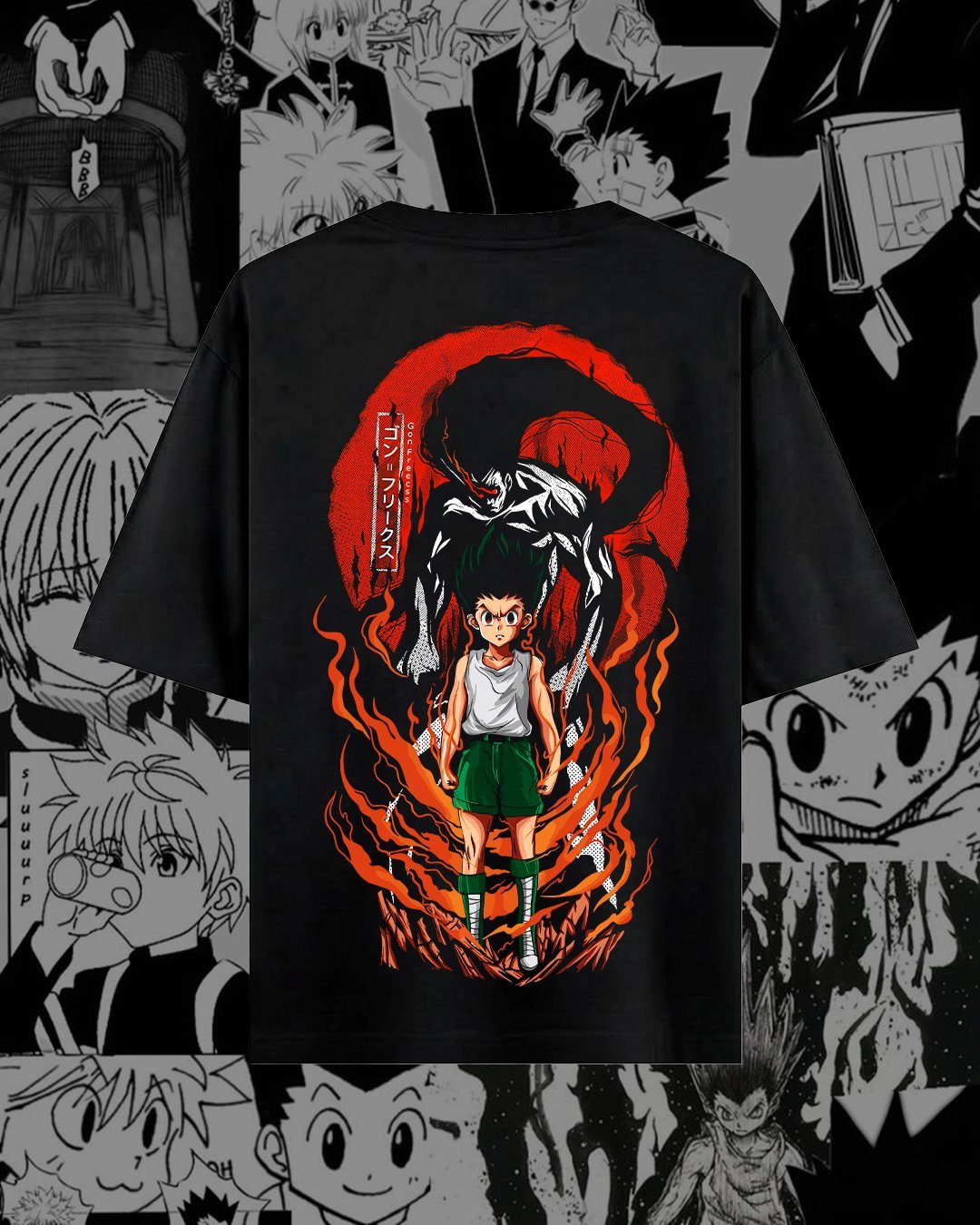 Diseño vertical de Gon con detalles rojos.