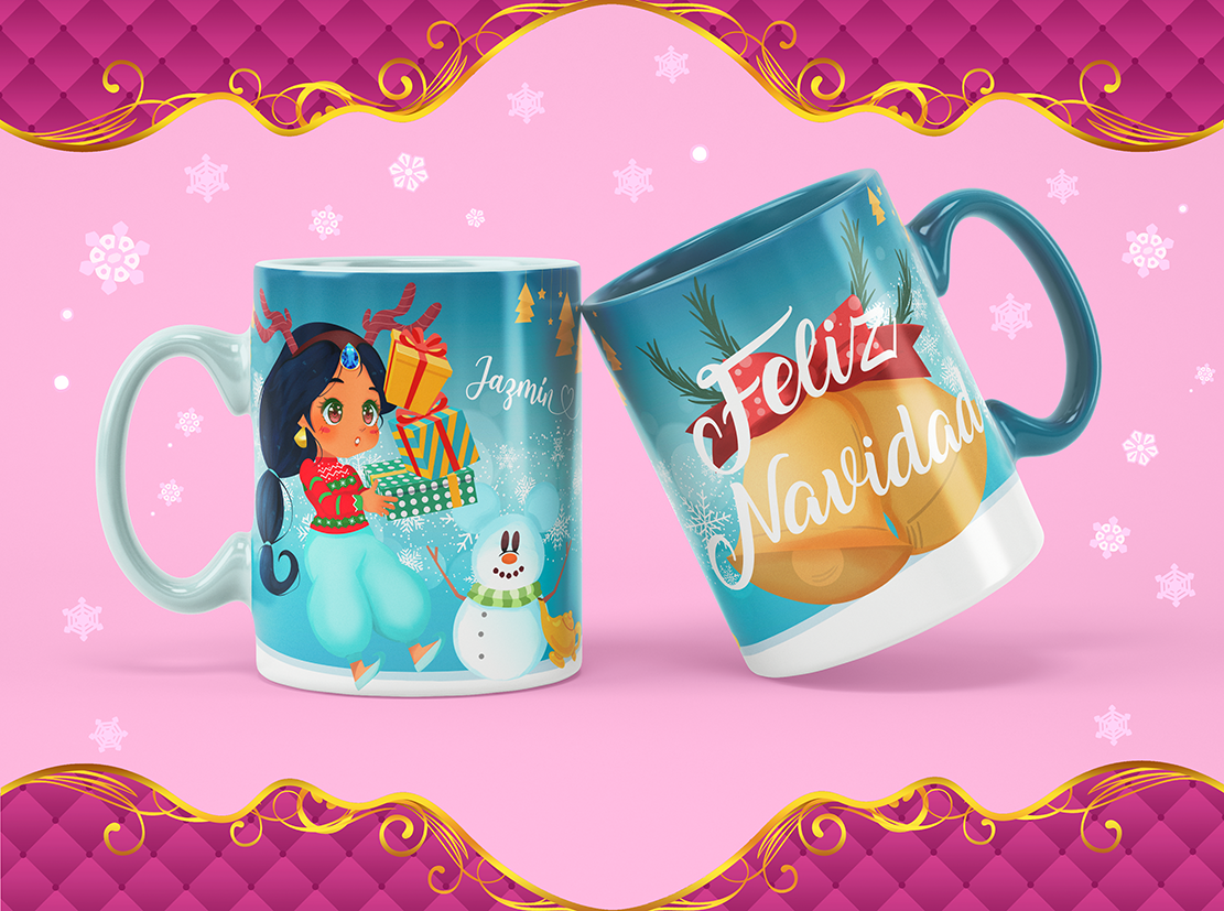 Jasmine carrying gifts against a turquoise background.