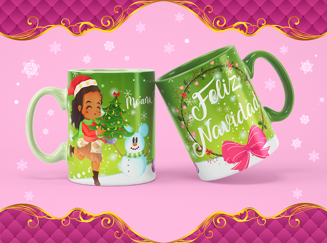 Moana with a decorated Christmas tree on a green mug.