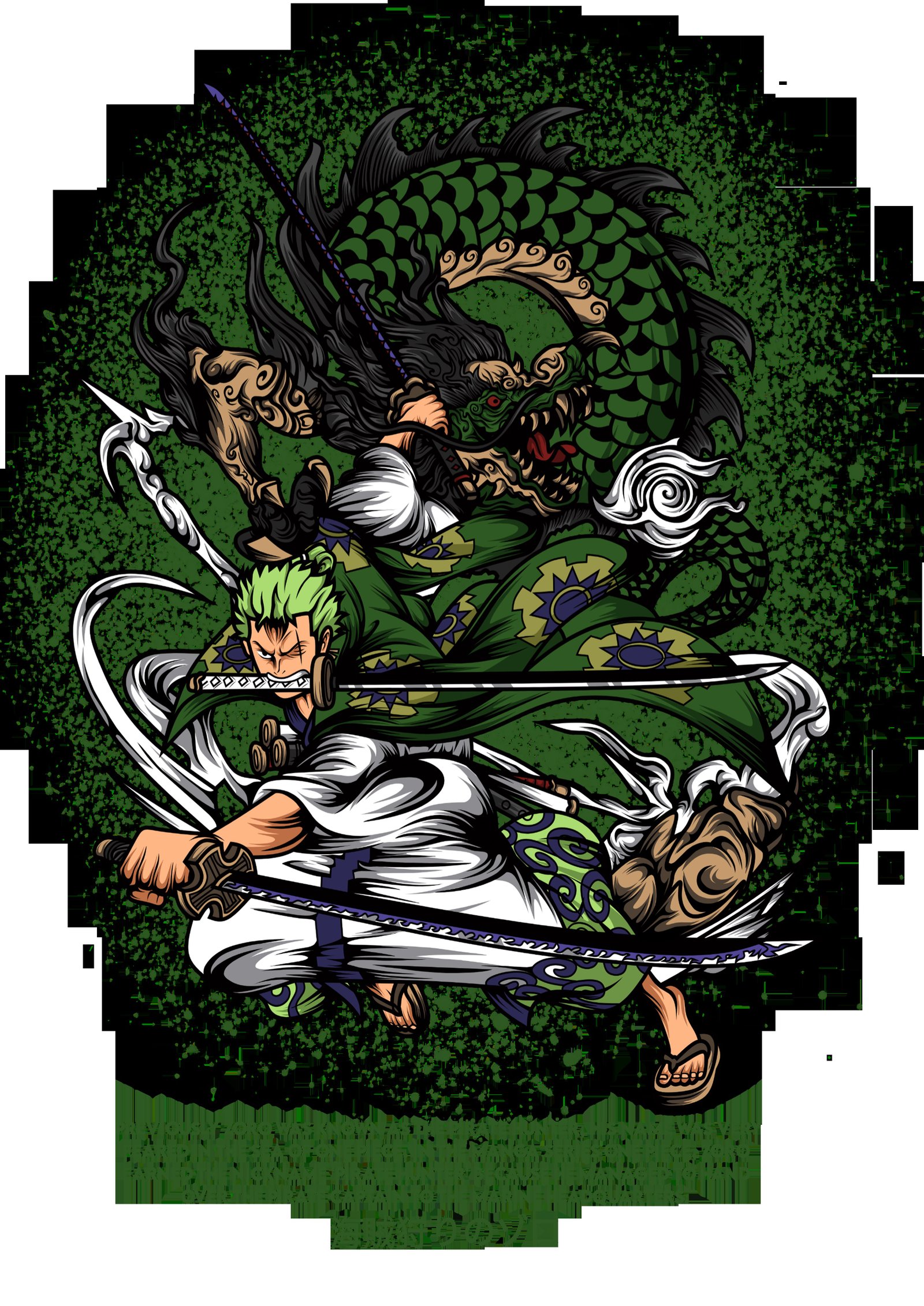 Ilustraci&oacute;n de Zoro con espadas y drag&oacute;n verde, presentada sobre fondo blanco.