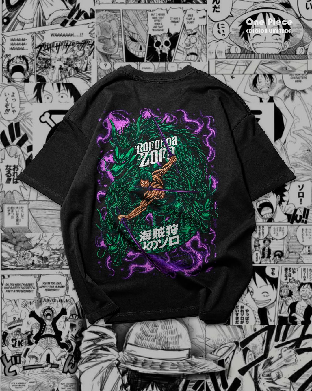 Dise&ntilde;o de Zoro con contraste verde y violeta sobre camiseta negra.