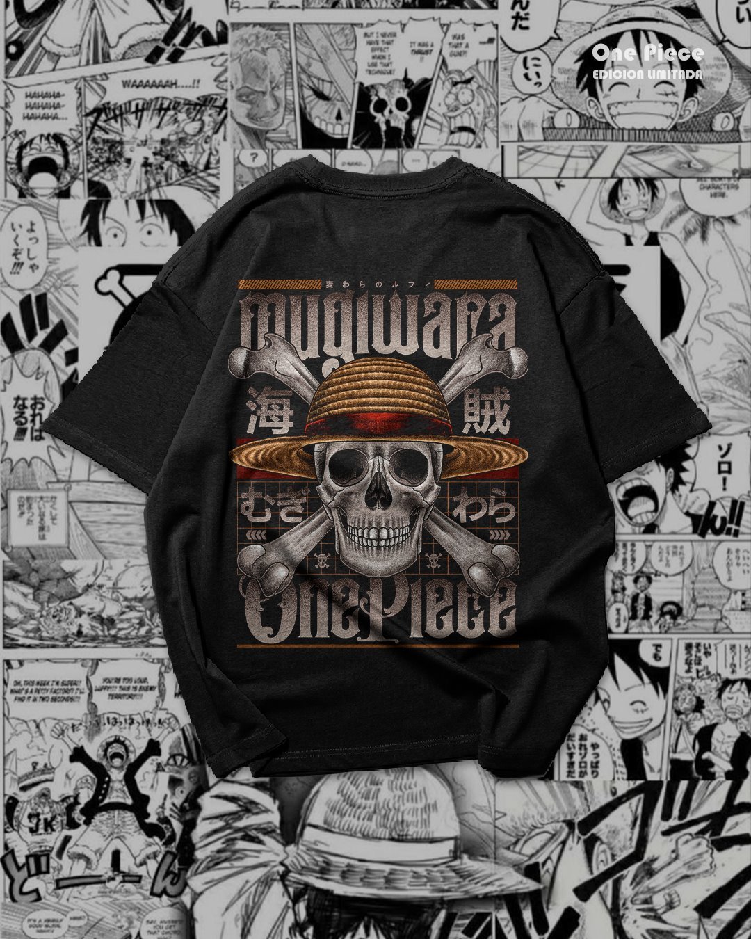 Calavera con sombrero de paja y tipograf&iacute;a de One Piece.