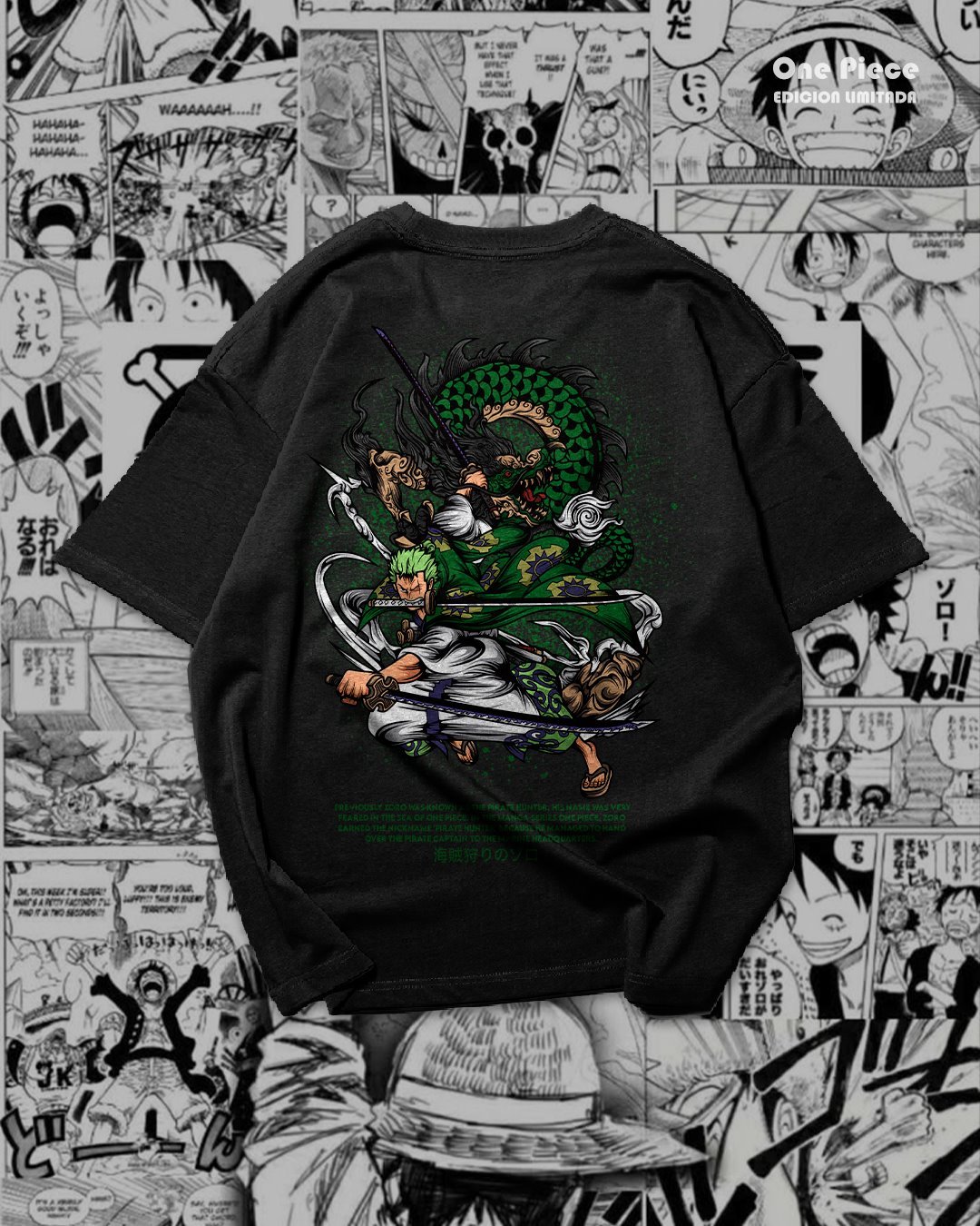 Vista del dise&ntilde;o de Zoro y drag&oacute;n aplicado a una camiseta negra.