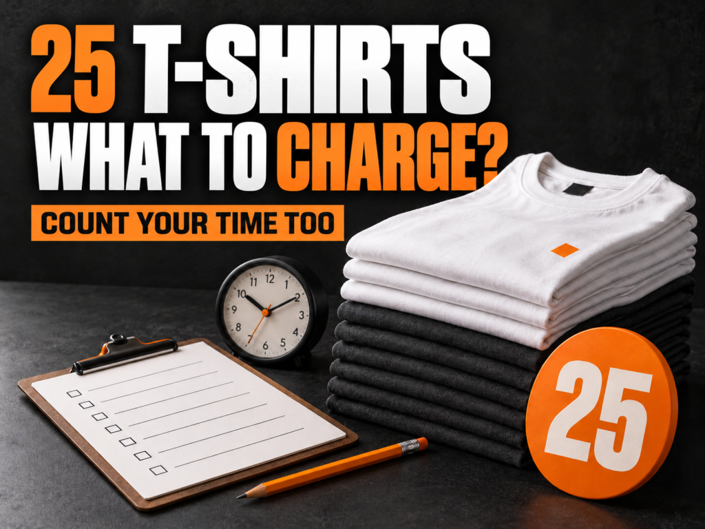 25 T-shirts: what to charge? Folded shirts, order checklist and clock